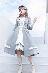 White/Blue Star Ocean Fantasy Cardigan Bowknot Stitching Sweet Military Lolita Dress - Product - 7