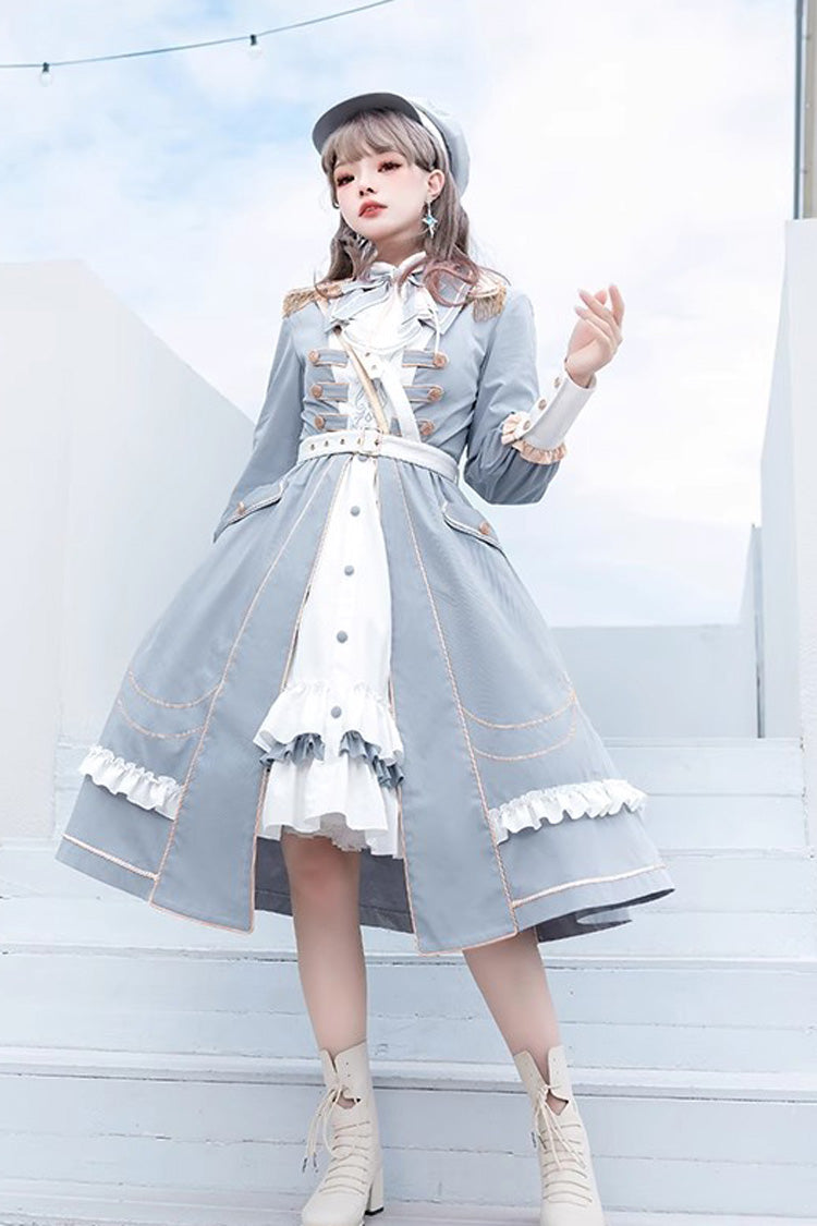 White/Blue Star Ocean Fantasy Cardigan Bowknot Stitching Sweet Military Lolita Dress - Product - 7