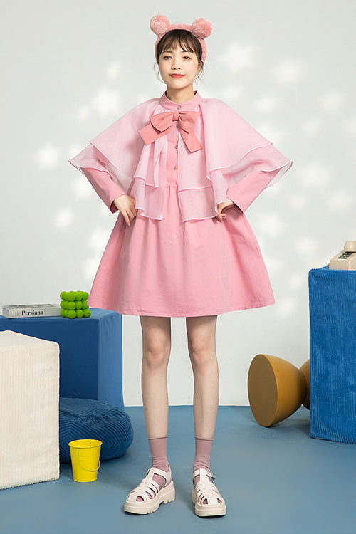 Pink Stand Collar Bow Organza Ruffled Shawl Princess Sweet Lolita OP Dress - Product - 2