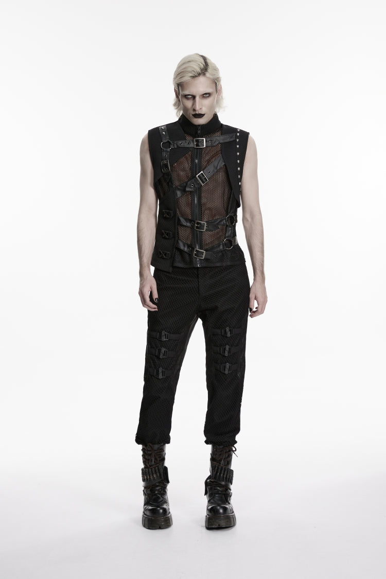 Black Stand Collar Sleeveless Spliced Asymmetric Studded Buckled Eyelet Men's Punk Cool Vest - Black - 1