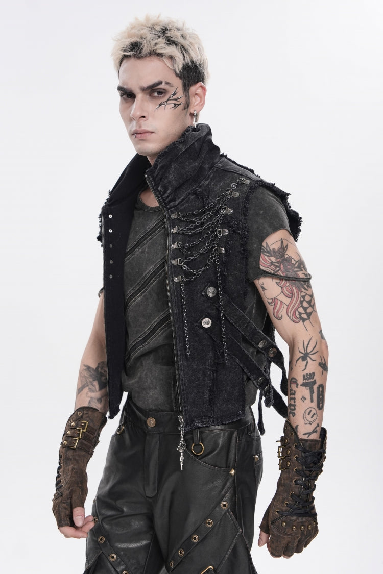 Black Stand Collar Sleeveless Zippered Chain-Decorated Men's Punk Cool Unedged Vest - Product - 10
