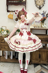Pink [Sweetheart Strawberry Bunny] Square Collar Short Sleeves Triple-Layered Printed Ruffled Bow Sweet Lolita Dress - Product - 6
