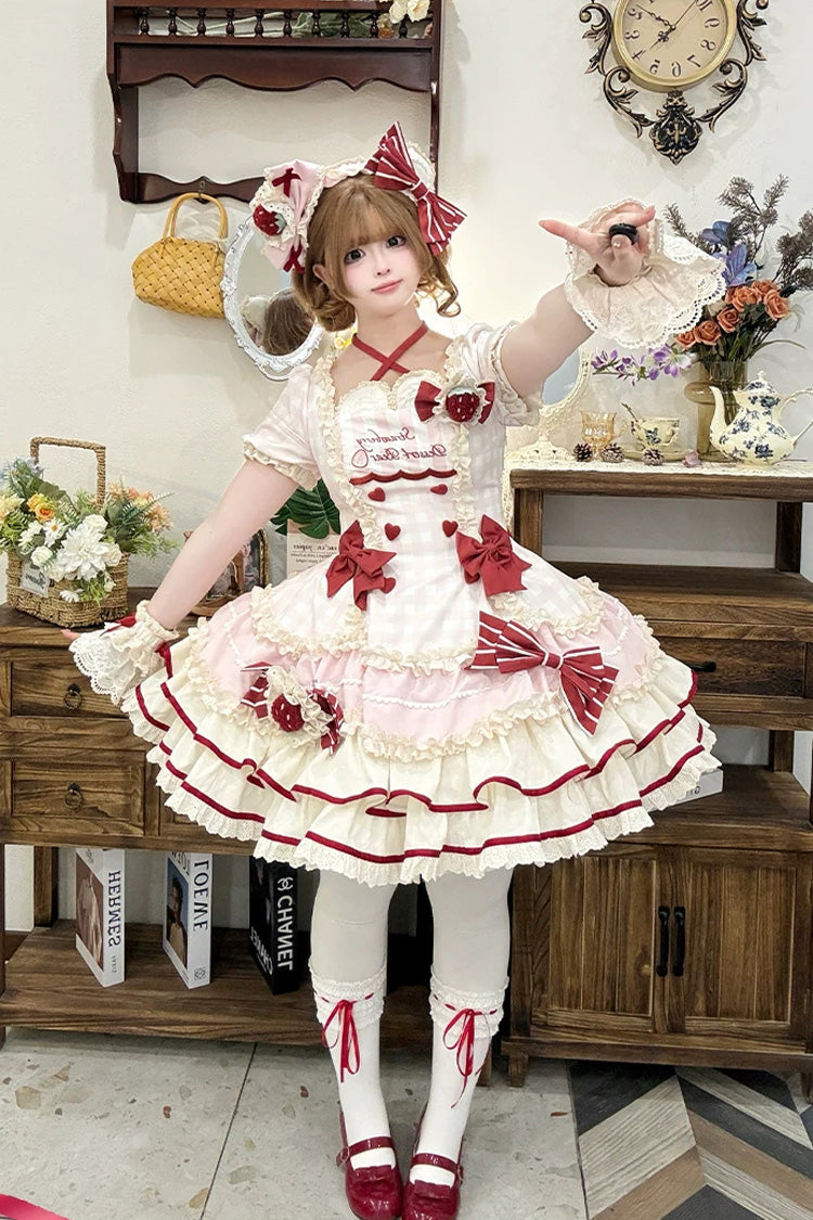 Pink [Sweetheart Strawberry Bunny] Square Collar Short Sleeves Triple-Layered Printed Ruffled Bow Sweet Lolita Dress - Product - 6