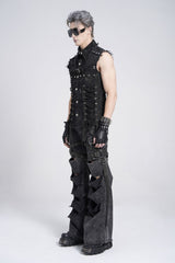 Black Sleeveless Studded Lace-Up Men's Gothic Distressed Vest - Product - 7