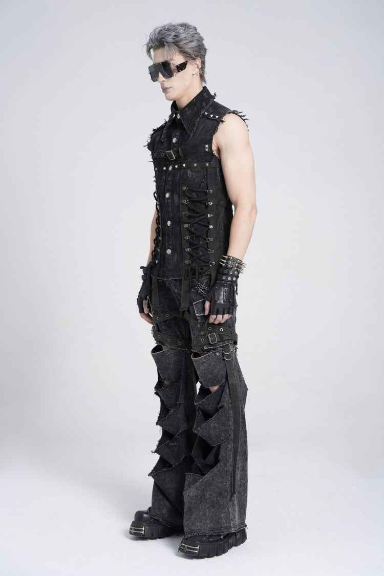 Black Sleeveless Studded Lace-Up Men's Gothic Distressed Vest - Product - 7