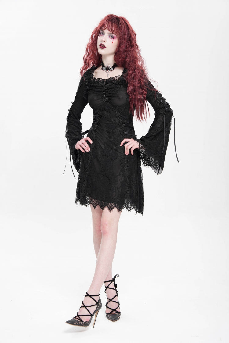 Black Square Collar Long Trumpet Sleeves Embroidered Lace-Up Women's Gothic Dress - Product - 12