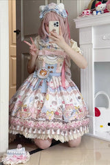 Multi-Color Sleeveless [Cat Dessert] Print Ruffle Bowknot Lace Sweet Japanese Lolita Strap Dress - Product - 2
