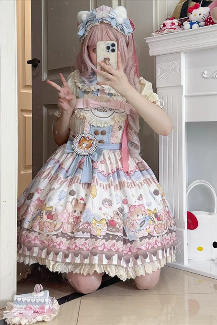 Multi-Color Sleeveless [Cat Dessert] Print Ruffle Bowknot Lace Sweet Japanese Lolita Strap Dress - Product - 2