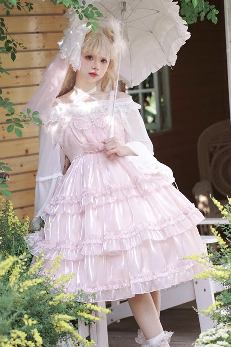 Pink Gauze Romance Multi-layer Ruffle Bowknot Sweet Elegant Princess Lolita Jsk Dress - Product - 6