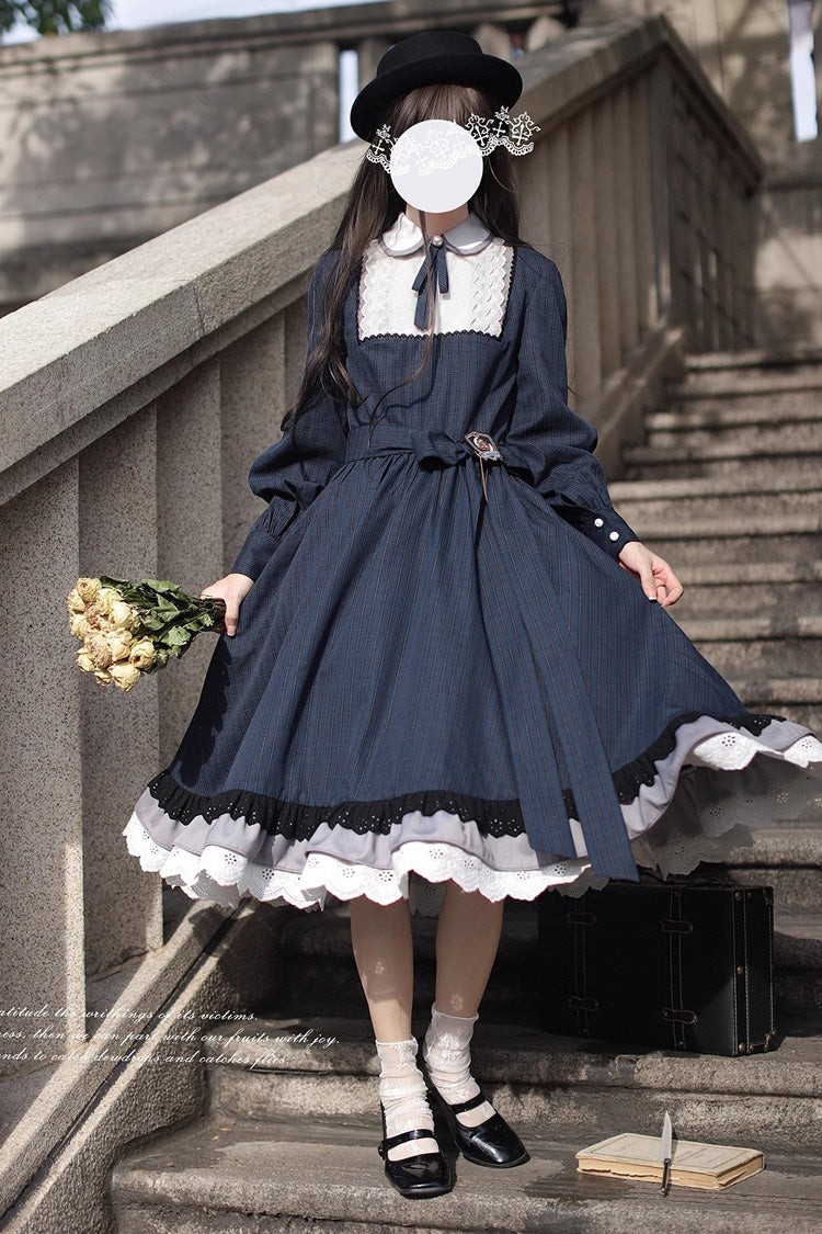 Dark Blue [Phyllis] Plaid Print Ruffle Bowknot Lace Vintage Elegant Lolita Dress - Product - 4