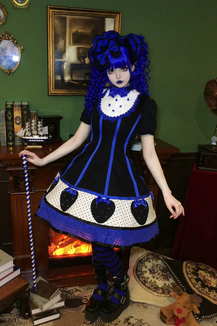 [Miss Peculiar Strawberry] Stand Collar Sleeveless Printed Bow Sweet Lolita Dress 2 Colors (Red, Blue/Black) - Product - 9