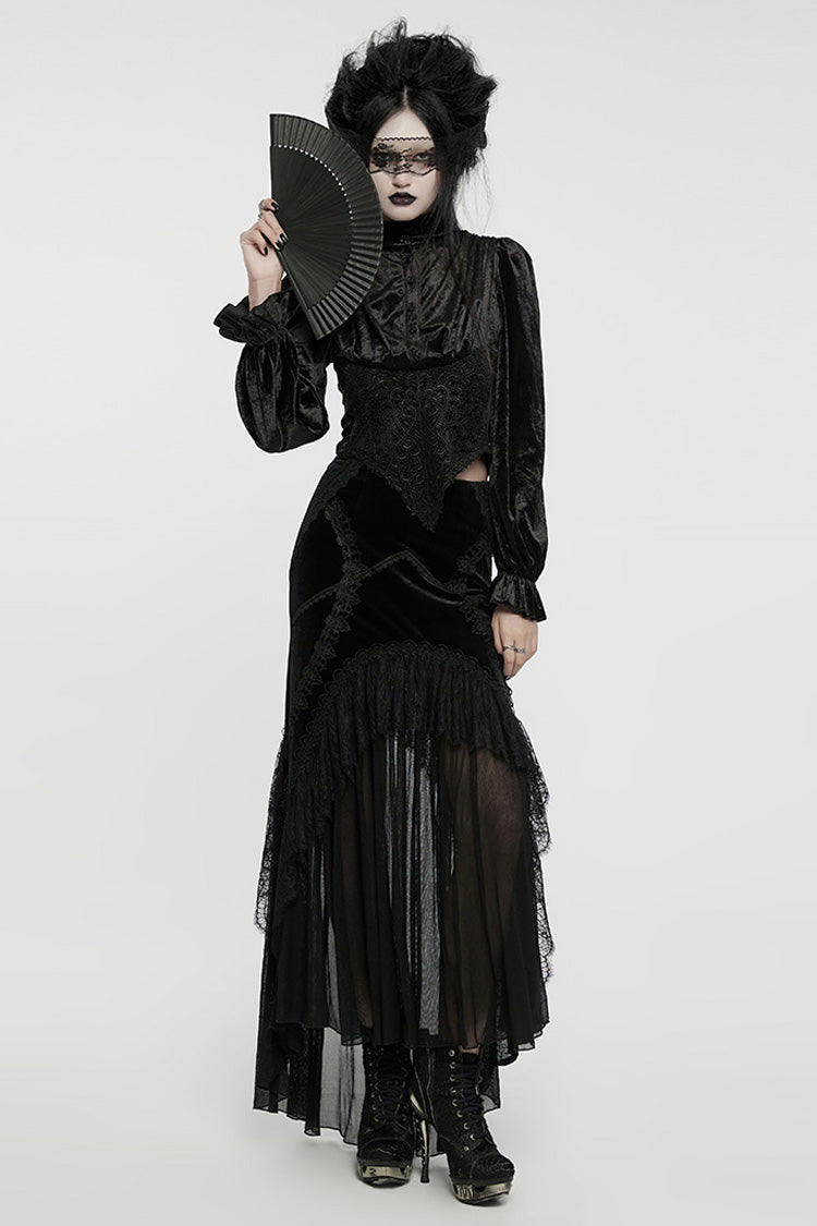Black Stand Collar Irregular Pleated Velvet Women's Gothic Blouse - Product - 4
