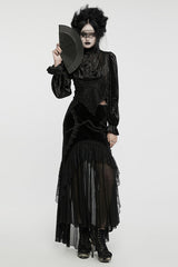 Black Stand Collar Irregular Pleated Velvet Women's Gothic Blouse - Product - 4