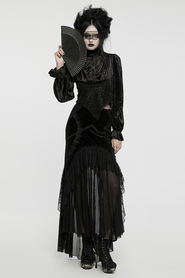 Black Stand Collar Irregular Pleated Velvet Women's Gothic Blouse - Product - 4