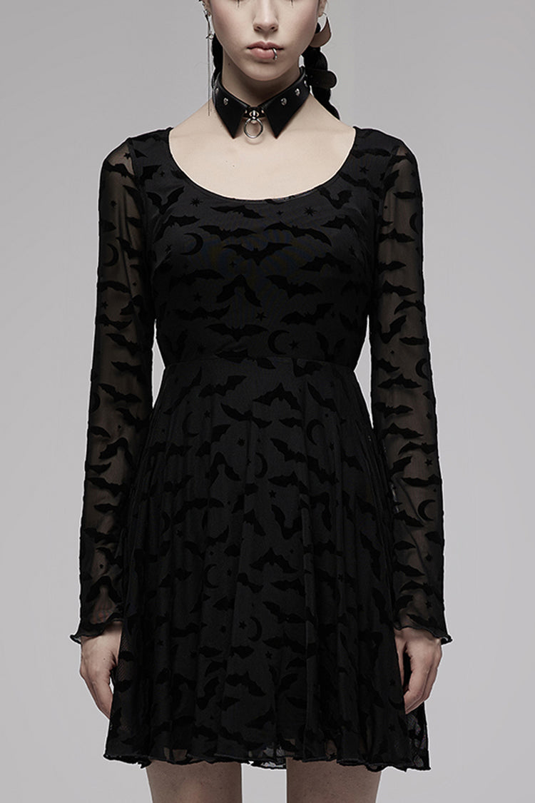 Black Minimalist Flared Sleeve Bat Moon Flocking Print Pattern Long Sleeves Punk Women's Dress - Black - 1