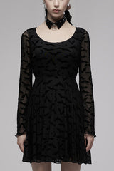 Black Minimalist Flared Sleeve Bat Moon Flocking Print Pattern Long Sleeves Punk Women's Dress - Black - 1