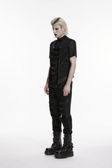 Black Cut-Out Lace-Up Slim Mesh Buckled Eyelet Men's Punk Handsome Vest - Product - 8