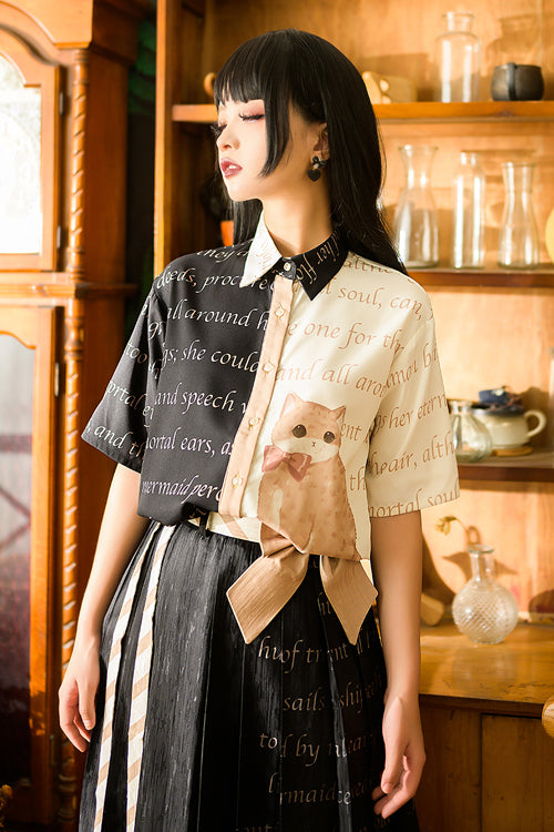 Lapel Collar Orange Cat Print Short Sleeves Contrast Color Ouji Lolita Blouse - Product - 2
