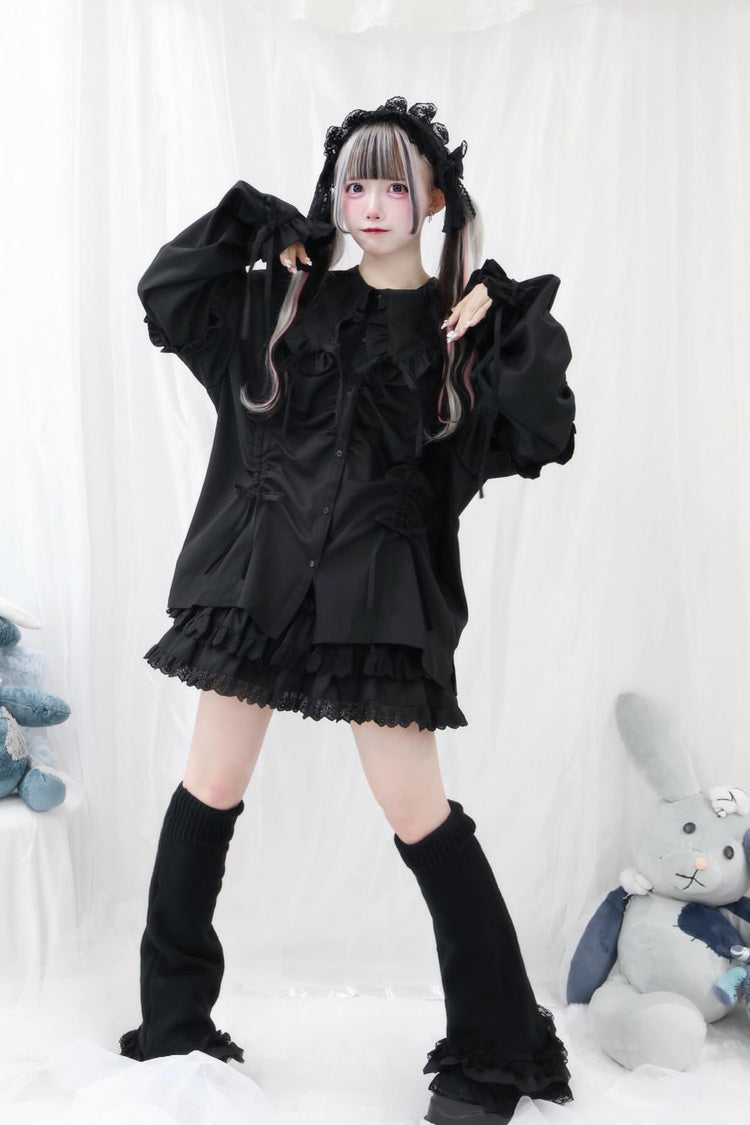 Doll Collar Long Sleeves Ruffle Bowknot Sweet Jirai Kei Japanese Blouse 3 Colors - Product - 20