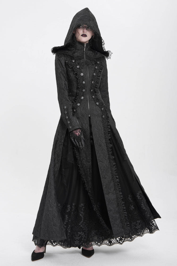 Black Stand Collar Long Sleeves Ruffle Hooded Women's Gothic Long Coat - Product - 7