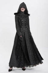 Black Stand Collar Long Sleeves Ruffle Hooded Women's Gothic Long Coat - Product - 7