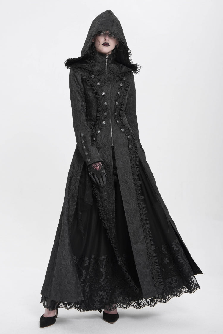 Black Stand Collar Long Sleeves Ruffle Hooded Women's Gothic Long Coat - Product - 7