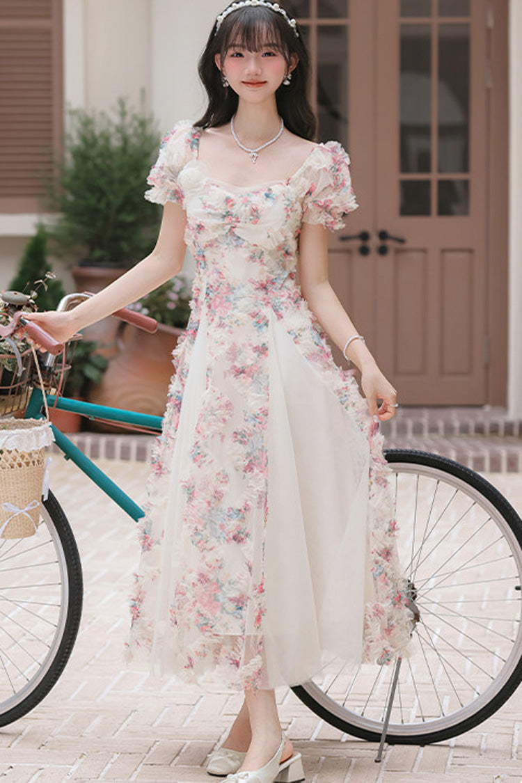 White Floral Pattern Square Collar Short Puff Sleeves Ruffled Open-Front Spliced Sweet Lolita Dress - Product - 16