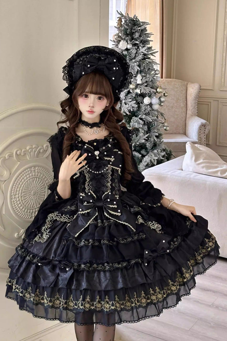 Black [Dream-Sinking Pearl Veil] Doll-Style Sleeveless Multi-Layered Ruffled Bow Lace Daily Gothic Lolita Dress - Product - 2