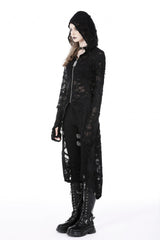 Black Long Sleeves Split Ripped Zippered Women's Punk Long Coat with Hood - Product - 2