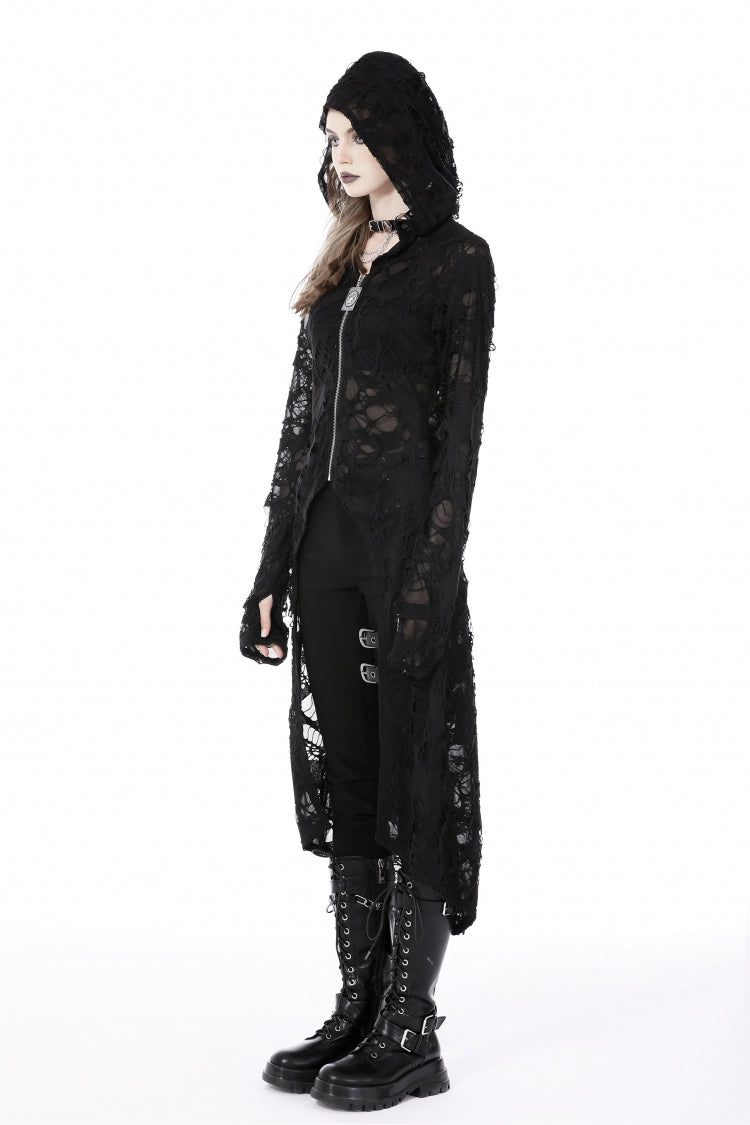 Black Long Sleeves Split Ripped Zippered Women's Punk Long Coat with Hood - Product - 2