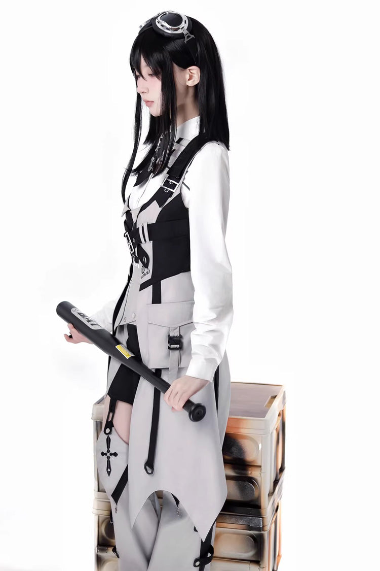 Black/White Long Sleeves Color Matching Handsome Sci-fi Lolita Skirt Set - Product - 3