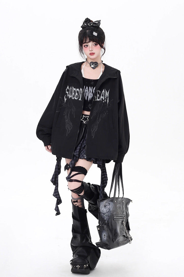 Black Long Sleeves Print Zipper Gothic Loose Jirai Kei Coat - Product - 6