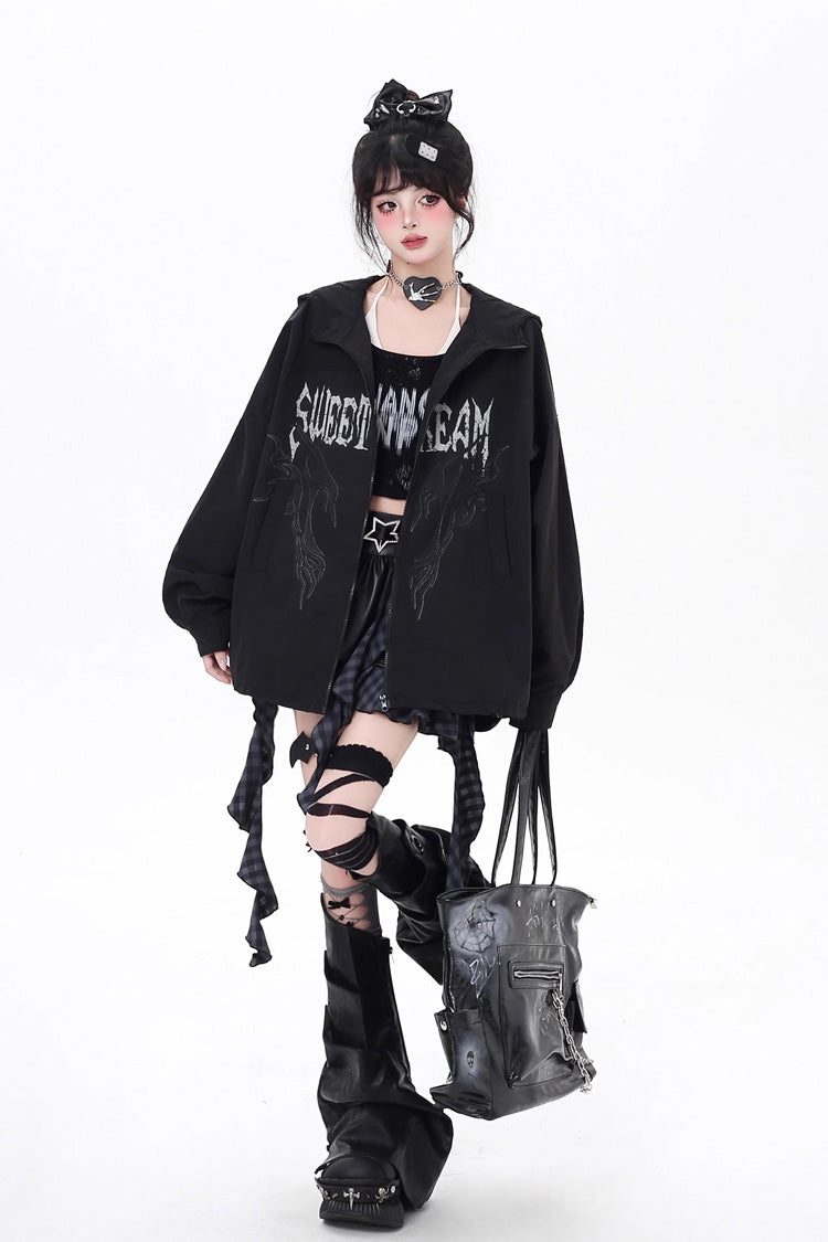 Black Long Sleeves Print Zipper Gothic Loose Jirai Kei Coat - Product - 6