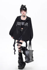 Black Long Sleeves Print Zipper Gothic Loose Jirai Kei Coat - Product - 6