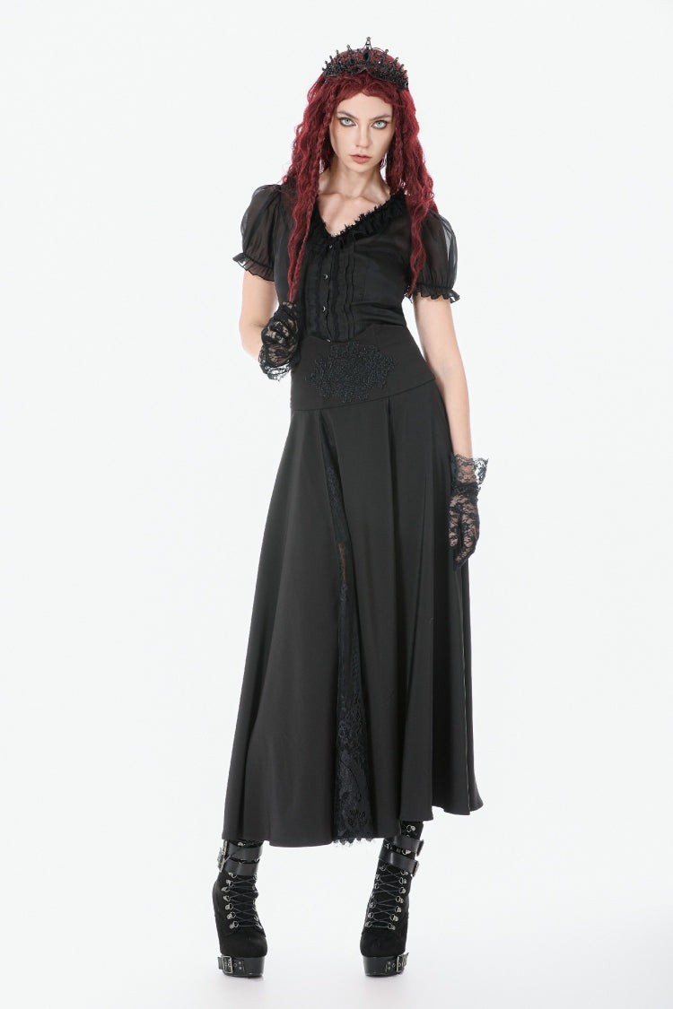 Black High Waisted Floral Printed Lace Mesh Women's Gothic Elegant Long Skirt - Product - 10