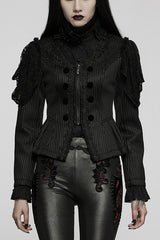 Black Gothic Lace Jacquard Double Row Velvet Button Metal Zip Back Lace Up Women's Jacket - Black - 1