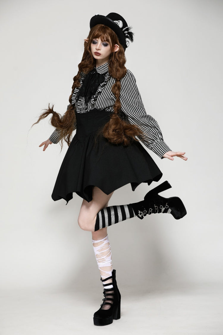 Black/White Skull Lace Jabot Striped Lapel Collar Long Sleeves Ruffled Women's Lolita Gothic Blouse - Product - 10