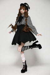 Black/White Skull Lace Jabot Striped Lapel Collar Long Sleeves Ruffled Women's Lolita Gothic Blouse - Product - 10