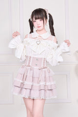 Jirai Kei Off Shoulder Long Sleeves Print Bowknot Lace-Up Sweet Japanese Blouse 3 Colors - White - 16