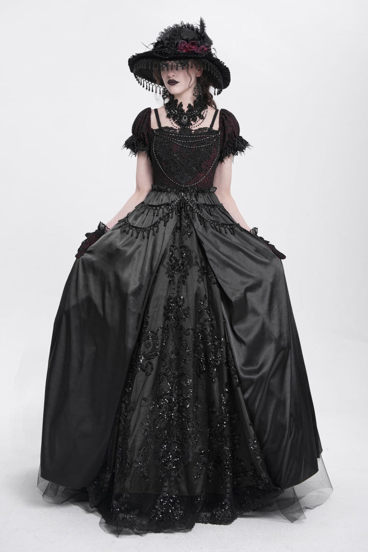 Black Off Shoulder Short Sleeves Jacquard Cardigan Stitching Lace Women's Gothic Dress - Product - 13