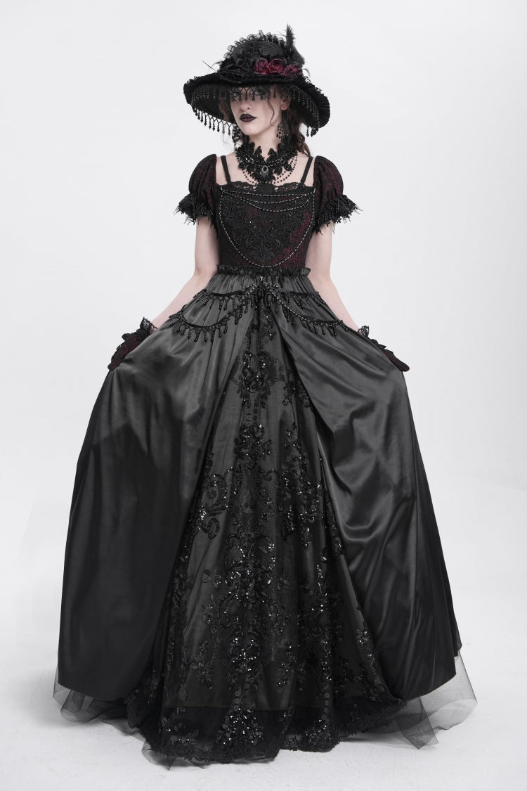 Black Off Shoulder Short Sleeves Jacquard Cardigan Stitching Lace Women's Gothic Dress - Product - 13