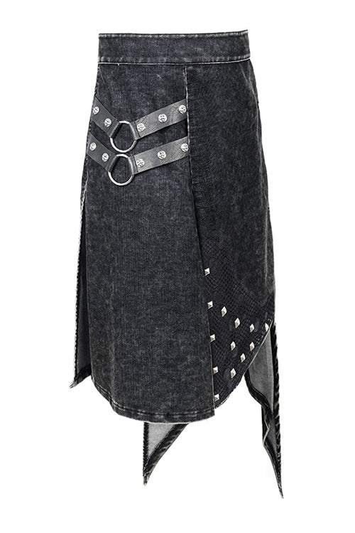 Black Band Metallic Nailed Punk Rock Worn Corduroy Wrapped Mens Skirt With Loops - Product - 7