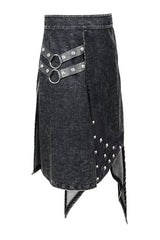 Black Band Metallic Nailed Punk Rock Worn Corduroy Wrapped Mens Skirt With Loops - Product - 7