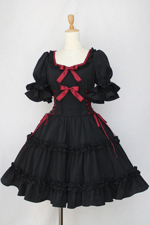 Black Square Collar Short Sleeves Bowknot Gothic Lolita Dress - Black - 1