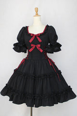 Black Square Collar Short Sleeves Bowknot Gothic Lolita Dress - Black - 1