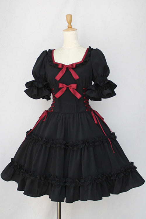 Black Square Collar Short Sleeves Bowknot Gothic Lolita Dress - Black - 1