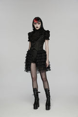 Black V Collar Short Sleeves High Waisted Jacquard Ruffled Cut-Out Embroidered Lace Slim Women's Gothic Vest - Product - 5
