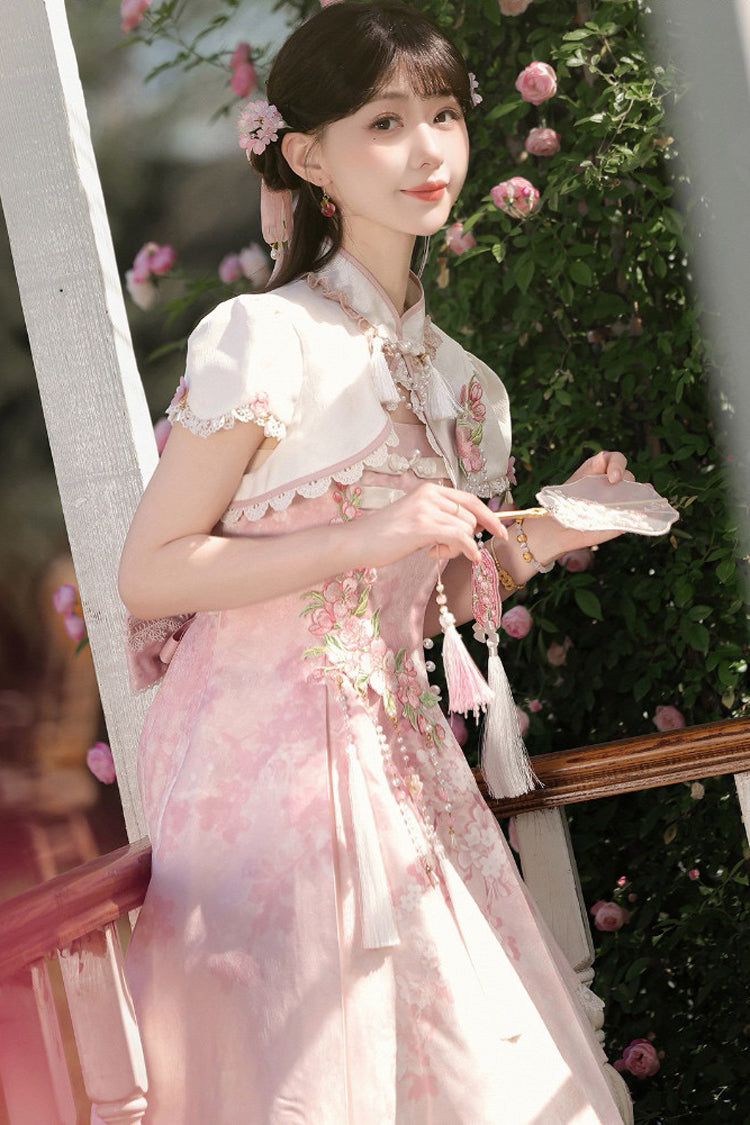 Pink [Whispers on Falling Cherry Blossoms] Printed Embroidered Tassel Sweet Classic Chinese Style Lolita Jsk Dress Set - Product - 8