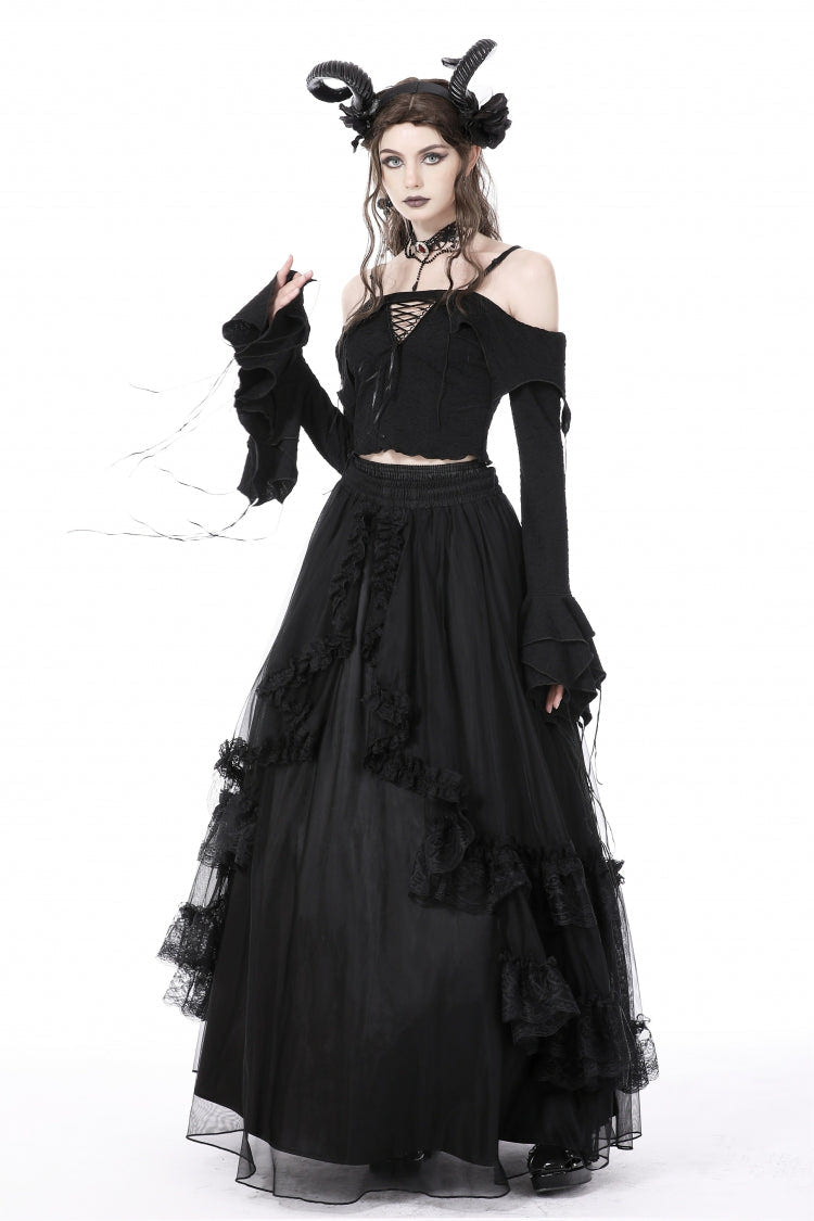 Black Off Shoulder Long Trumpet Sleeves Lace-Up Women's Gothic Sexy Crop Top - Product - 2