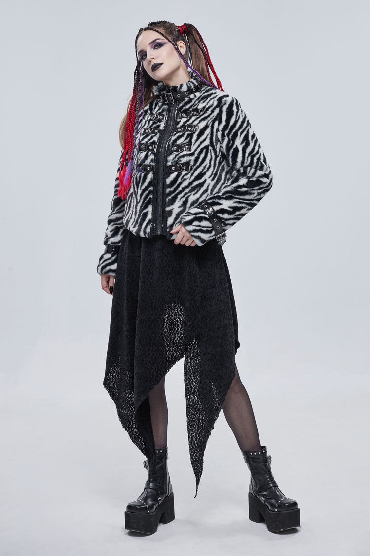 Black/White Stripe Design Shiny Belt With D-Shaped Buckle Decoration Padded Women's Punk Jacket - Product - 3
